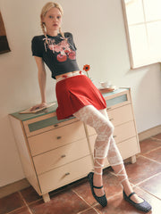 Round Neck Bowknot & Cherry Graphic Crop Short Sleeve Tee