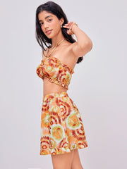 Woven Halter Floral Crop Top & Lettuce Trim Mid Rise Mini Skirt