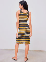 Knitted Scoop Neck Striped Crochet Midi Dress