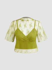3pcs Stand Collar Lace Top & Solid Cami Top & Mid Rise Trousers Curve & Plus