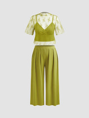 3pcs Stand Collar Lace Top & Solid Cami Top & Mid Rise Trousers Curve & Plus