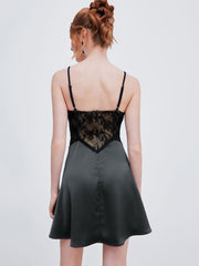 Woven V-neck Lace Zipper Mini Dress
