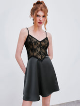 Woven V-neck Lace Zipper Mini Dress