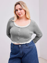 Rib Button Crop Long Sleeve Top With Ruffle Hem Cami Top Curve & Plus