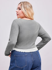 Rib Button Crop Long Sleeve Top With Ruffle Hem Cami Top Curve & Plus