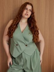 Linen-blend V-neck Solid Button Vest Curve & Plus