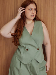 Linen-blend V-neck Solid Button Vest Curve & Plus