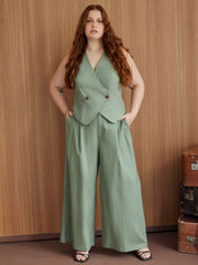 Linen-blend V-neck Solid Button Vest Curve & Plus