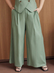 Linen-blend Mid Rise Solid Pocket Wide Leg Trousers Curve & Plus