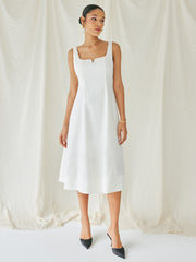 Linen-blend Square Neck Solid Shirred Midi Dress