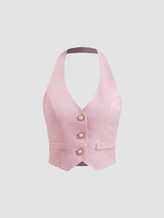 Woven Halter Pearl Button Crop Vest