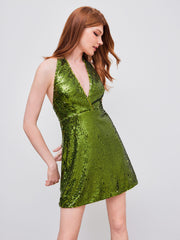 Sequin V-neck Halter Knotted Mini Dress
