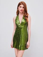 Sequin V-neck Halter Knotted Mini Dress