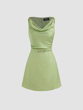 Woven Cowl Neck Solid Mini Dress With Belt