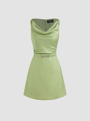 Woven Cowl Neck Solid Mini Dress With Belt