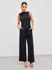 Woven Boat Neck Solid Ruched Jumpsuit With Belt