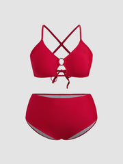 V-neck Solid Criss-Cross Cheeky Shaping Bikini Set Curve & Plus