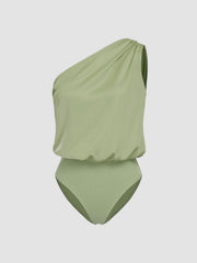 Satin Asymmetrical Neck Solid Bodysuit