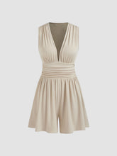 V-neck Solid Ruched Pocket Romper