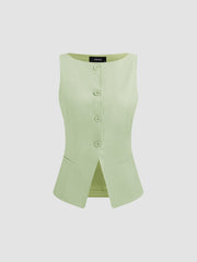 Woven Boat Neck Solid Button Vest