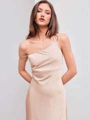 Satin Asymmetrical Neck Rhinestone Ruched Midi Dress