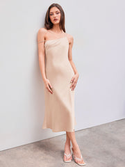 Satin Asymmetrical Neck Rhinestone Ruched Midi Dress