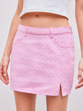 Denim Low Rise Rhinestone Split Mini Skirt