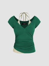 Halter Neckline Patchy Short Sleeve Top