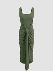 Square Neck Solid Twist Knotted Maxi Dress