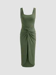 Square Neck Solid Twist Knotted Maxi Dress