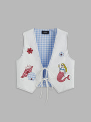 Reversible Gingham Shell & Mermaid Graphic Knotted Vest