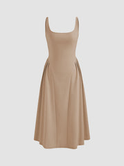 Woven Square Neck Solid Midi Dress