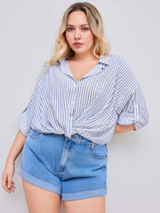 Collar Striped Roll-up Middle Sleeve Shirt Curve & Plus