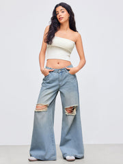 Knitted Strapless Solid Rib Crop Tube Top