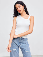 Knit Asymmetrical Neck Solid Cami Top