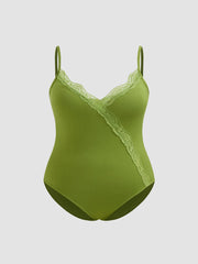 Jersey V-neck Lace Trim Solid Cami Bodysuit Curve & Plus