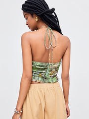 Woven Halter Paisley Ruched Lettuce Trim Crop Top