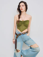 Halter Ruched Knotted Tank Crop Top