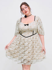 Lace Bowknot Ruffle Contrasting Binding Mini Dress Curve & Plus