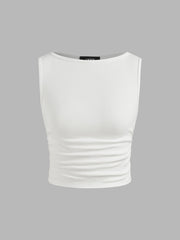 Boat Neck Ruched Solid Crop Tank Top
