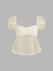 Square Neck Solid Knotted Puff Sleeve Blouse