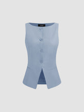 Woven Boat Neck Solid Button Vest