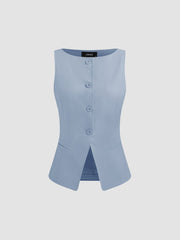 Woven Boat Neck Solid Button Vest
