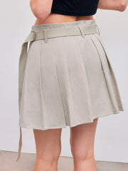 Low Rise Solid Pleated Belted Mini Skirt