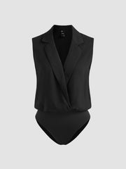 Woven Collar Solid Sleeveless Bodysuit