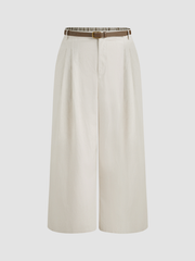 Linen-blend Pocket Wide Leg Pants With Belt Curve & Plus