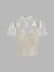 High Neck Lace Floral Top & Solid Crop Cami Top Set