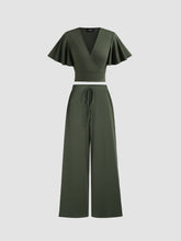 V-neck Solid Ruched Crop Top & Pants Matching Set