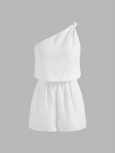 Linen-blend Asymmetrical Neck Solid Twist Pocket Romper