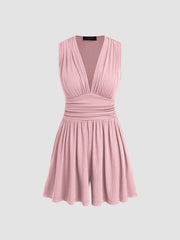 V-neck Solid Ruched Pocket Romper